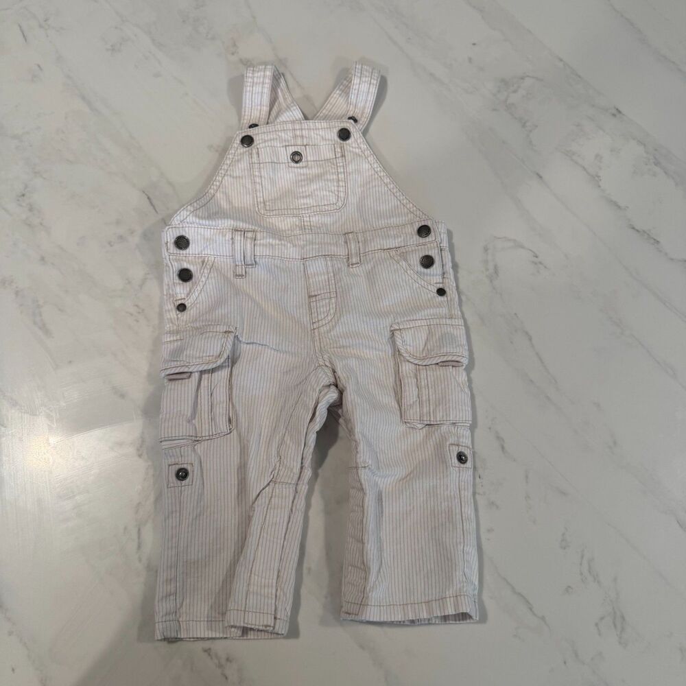 Vertbaudet Dungarees Cargo Cotton Unisex Baby 9 mos White & Tan EUC